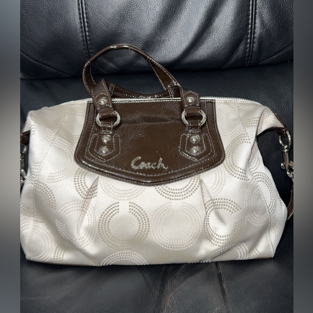 Coach Cream and Brown Signature Ashley OP Art Satchel